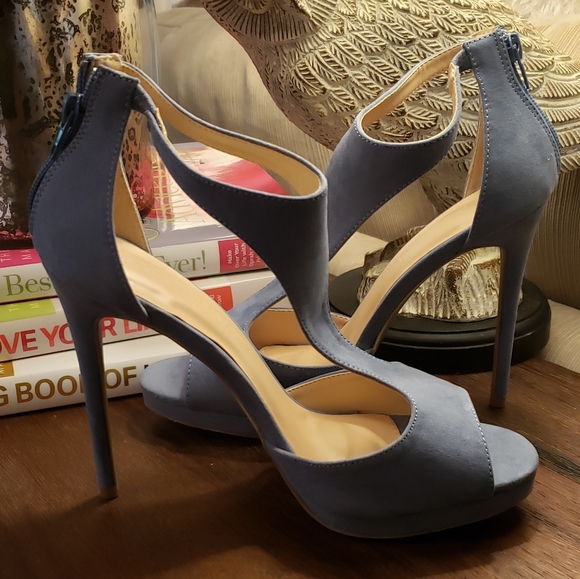 Lora Sueded Denim T-Strap Peep Toe Heels - Picture 4 of 9